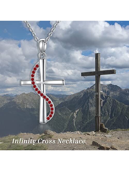 OCJ Christian Gifts for Women Sterling Silver Birhtstone Necklace Infinity Cross Pendant 5A CA 12 Birth Months Cross Necklace Anniversary Birthday Jewelry Gifts for Women