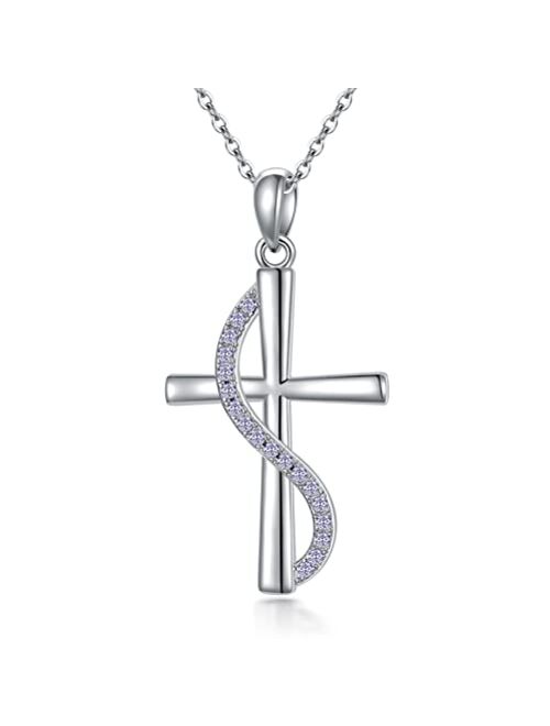 OCJ Christian Gifts for Women Sterling Silver Birhtstone Necklace Infinity Cross Pendant 5A CA 12 Birth Months Cross Necklace Anniversary Birthday Jewelry Gifts for Women