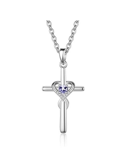 UEUC Sterling Silver Birthstone Cross Necklace for Women Infinity Heart Religious Faith Zircon Cross Necklace for Ladies Jewelry Gifts 18’’+2’’ Chain