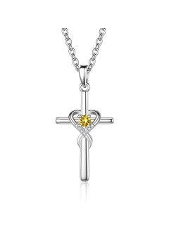 UEUC Sterling Silver Birthstone Cross Necklace for Women Infinity Heart Religious Faith Zircon Cross Necklace for Ladies Jewelry Gifts 18’’+2’’ Chain