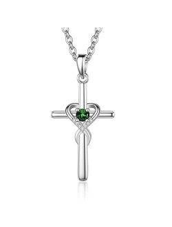 UEUC Sterling Silver Birthstone Cross Necklace for Women Infinity Heart Religious Faith Zircon Cross Necklace for Ladies Jewelry Gifts 18’’+2’’ Chain