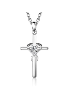 UEUC Sterling Silver Birthstone Cross Necklace for Women Infinity Heart Religious Faith Zircon Cross Necklace for Ladies Jewelry Gifts 18’’+2’’ Chain