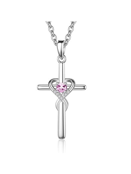 UEUC Sterling Silver Birthstone Cross Necklace for Women Infinity Heart Religious Faith Zircon Cross Necklace for Ladies Jewelry Gifts 18’’+2’’ Chain