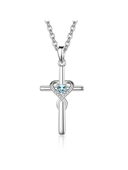 UEUC Sterling Silver Birthstone Cross Necklace for Women Infinity Heart Religious Faith Zircon Cross Necklace for Ladies Jewelry Gifts 18’’+2’’ Chain