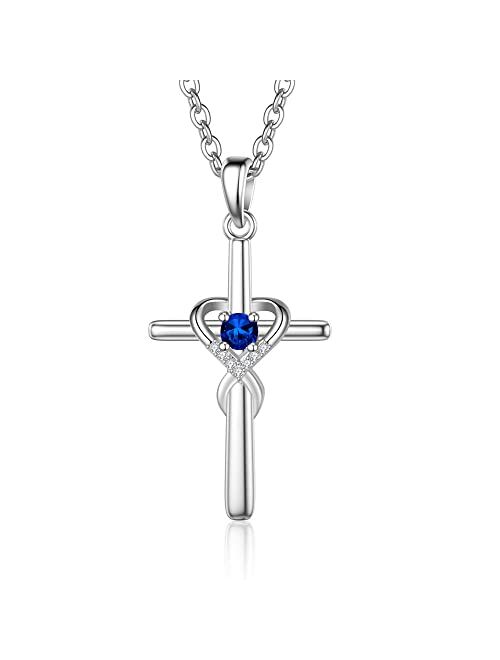 UEUC Sterling Silver Birthstone Cross Necklace for Women Infinity Heart Religious Faith Zircon Cross Necklace for Ladies Jewelry Gifts 18’’+2’’ Chain