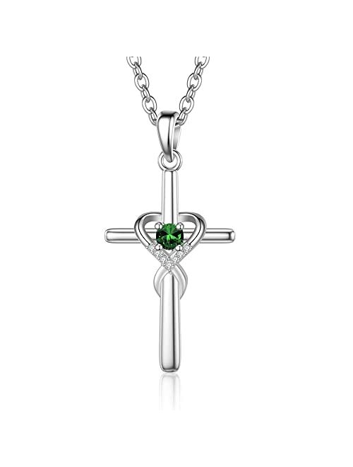 UEUC Sterling Silver Birthstone Cross Necklace for Women Infinity Heart Religious Faith Zircon Cross Necklace for Ladies Jewelry Gifts 18’’+2’’ Chain