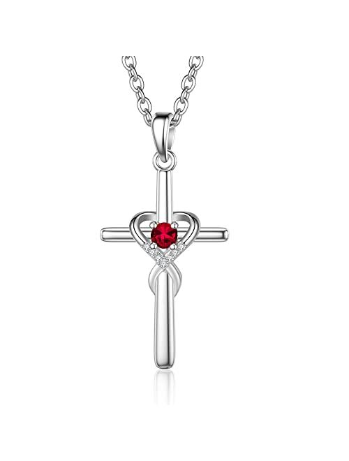 UEUC Sterling Silver Birthstone Cross Necklace for Women Infinity Heart Religious Faith Zircon Cross Necklace for Ladies Jewelry Gifts 18’’+2’’ Chain