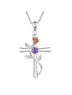 BlingGem Cross Necklace for Women 925 Sterling Silver Birthstone Necklace Rose Cross Pendant 5A Cubic Zirconia 12 Birth Months Anniversary Birthday Jewelry Gift for Women