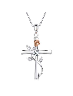 BlingGem Cross Necklace for Women 925 Sterling Silver Birthstone Necklace Rose Cross Pendant 5A Cubic Zirconia 12 Birth Months Anniversary Birthday Jewelry Gift for Women