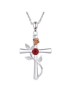 BlingGem Cross Necklace for Women 925 Sterling Silver Birthstone Necklace Rose Cross Pendant 5A Cubic Zirconia 12 Birth Months Anniversary Birthday Jewelry Gift for Women