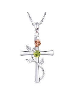 BlingGem Cross Necklace for Women 925 Sterling Silver Birthstone Necklace Rose Cross Pendant 5A Cubic Zirconia 12 Birth Months Anniversary Birthday Jewelry Gift for Women