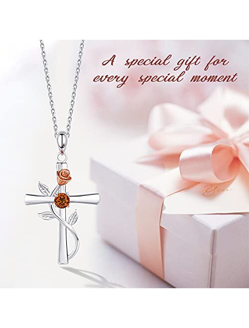 BlingGem Cross Necklace for Women 925 Sterling Silver Birthstone Necklace Rose Cross Pendant 5A Cubic Zirconia 12 Birth Months Anniversary Birthday Jewelry Gift for Women