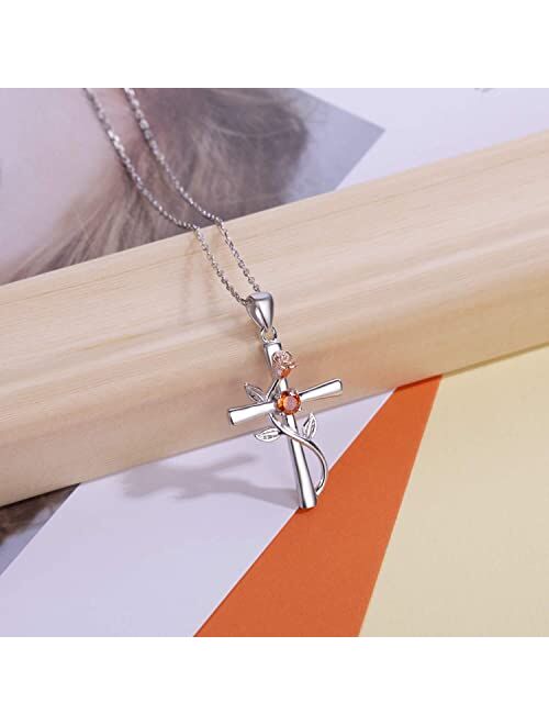 BlingGem Cross Necklace for Women 925 Sterling Silver Birthstone Necklace Rose Cross Pendant 5A Cubic Zirconia 12 Birth Months Anniversary Birthday Jewelry Gift for Women