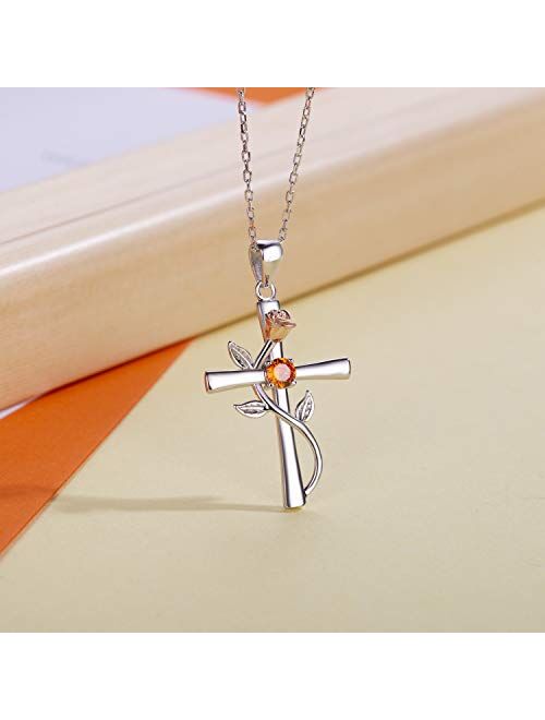 BlingGem Cross Necklace for Women 925 Sterling Silver Birthstone Necklace Rose Cross Pendant 5A Cubic Zirconia 12 Birth Months Anniversary Birthday Jewelry Gift for Women