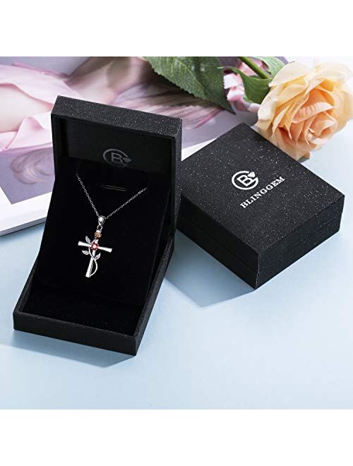 BlingGem Cross Necklace for Women 925 Sterling Silver Birthstone Necklace Rose Cross Pendant 5A Cubic Zirconia 12 Birth Months Anniversary Birthday Jewelry Gift for Women