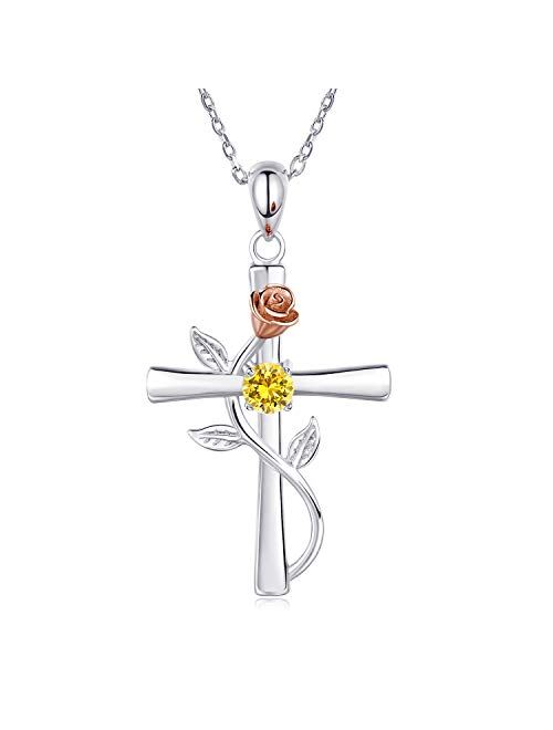 BlingGem Cross Necklace for Women 925 Sterling Silver Birthstone Necklace Rose Cross Pendant 5A Cubic Zirconia 12 Birth Months Anniversary Birthday Jewelry Gift for Women