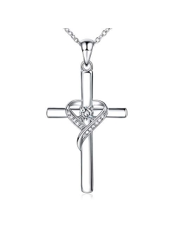 AmorAime 925 Sterling Silver Cross Necklace for Women Large Cross Dainty Birthstone Faith Heart Necklaces for Teen Girls Gifts for Birthday, Graduation or Anniversary