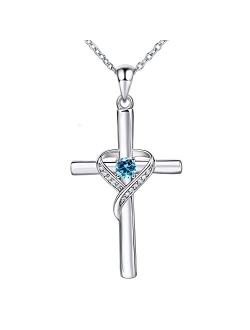 AmorAime 925 Sterling Silver Cross Necklace for Women Large Cross Dainty Birthstone Faith Heart Necklaces for Teen Girls Gifts for Birthday, Graduation or Anniversary