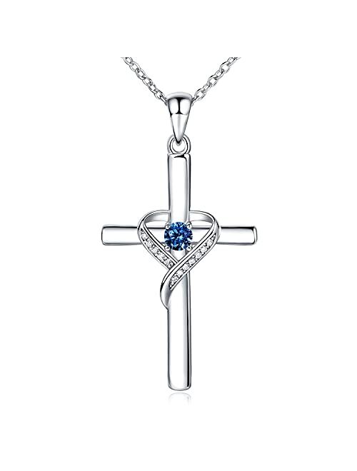 AmorAime 925 Sterling Silver Cross Necklace for Women Large Cross Dainty Birthstone Faith Heart Necklaces for Teen Girls Gifts for Birthday, Graduation or Anniversary