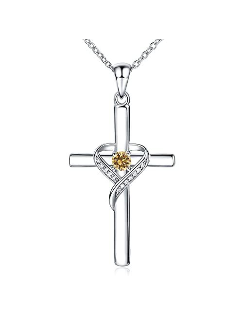 AmorAime 925 Sterling Silver Cross Necklace for Women Large Cross Dainty Birthstone Faith Heart Necklaces for Teen Girls Gifts for Birthday, Graduation or Anniversary