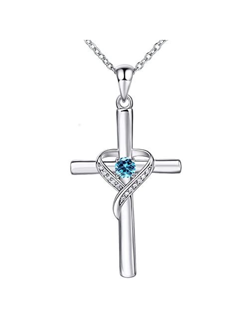 AmorAime 925 Sterling Silver Cross Necklace for Women Large Cross Dainty Birthstone Faith Heart Necklaces for Teen Girls Gifts for Birthday, Graduation or Anniversary