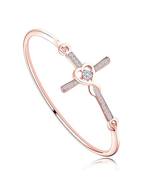 Hollp Christian Bracelet Infinity Love Heart God Cross Bracelet Crystal Sideway Cross Bangle Religious Gift for Women