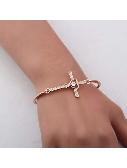 Hollp Christian Bracelet Infinity Love Heart God Cross Bracelet Crystal Sideway Cross Bangle Religious Gift for Women