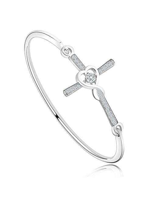 Hollp Christian Bracelet Infinity Love Heart God Cross Bracelet Crystal Sideway Cross Bangle Religious Gift for Women