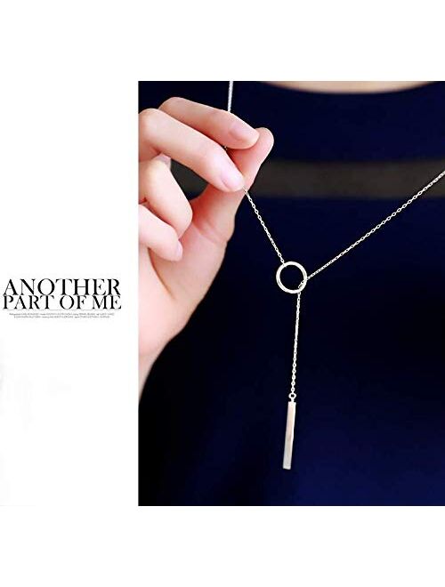 Eiffy 925 Sterling Silver Round Stick Cross Bar Lariat Y Pendant Necklace Long Tassel Sweater Chain for Women Gift