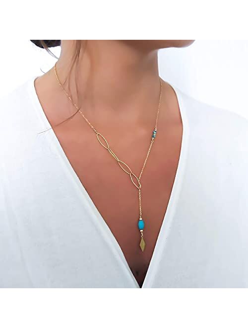 Annika Bella Ltd Annika Bella Handmade Turquoise Y Shape Necklace for Women, Length 21 Inches End to End, Waterproof, Dainty Lariat Necklace, Gold or Sterling Silver and 