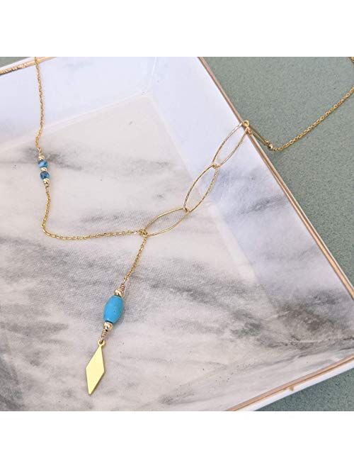 Annika Bella Ltd Annika Bella Handmade Turquoise Y Shape Necklace for Women, Length 21 Inches End to End, Waterproof, Dainty Lariat Necklace, Gold or Sterling Silver and 