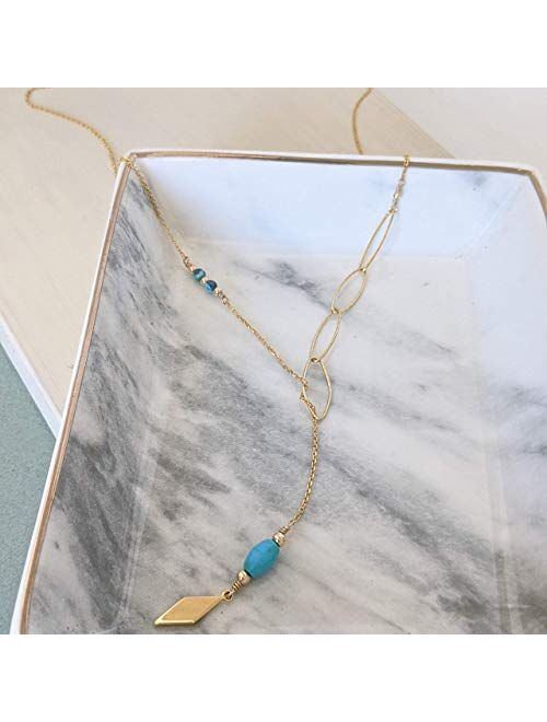 Annika Bella Ltd Annika Bella Handmade Turquoise Y Shape Necklace for Women, Length 21 Inches End to End, Waterproof, Dainty Lariat Necklace, Gold or Sterling Silver and 