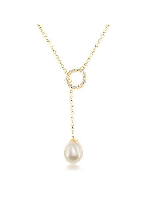 Beaux Bijoux Sterling Silver/Gold Tone Cubic Zirconia Open Circle & Cultured Fresh Water Pearl Y Lariat Necklace