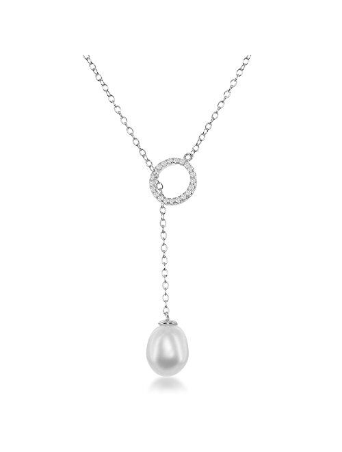 Beaux Bijoux Sterling Silver/Gold Tone Cubic Zirconia Open Circle & Cultured Fresh Water Pearl Y Lariat Necklace