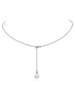 Cowlyn Y-Shaped Necklace Pearl Pendant 18K Gold Dainty Drop Long Chain Jewelry for Women Girls