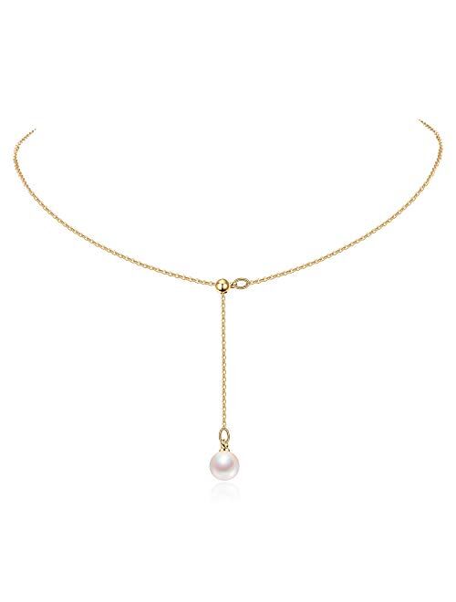 Cowlyn Y-Shaped Necklace Pearl Pendant 18K Gold Dainty Drop Long Chain Jewelry for Women Girls