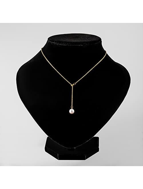 Cowlyn Y-Shaped Necklace Pearl Pendant 18K Gold Dainty Drop Long Chain Jewelry for Women Girls