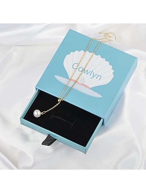 Cowlyn Y-Shaped Necklace Pearl Pendant 18K Gold Dainty Drop Long Chain Jewelry for Women Girls