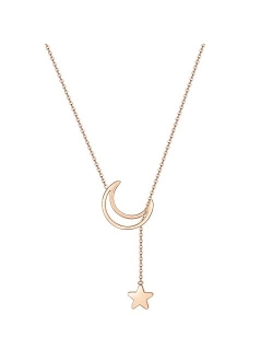 ZEGL Moon Star Necklaces for Womens Girls 18K White/Rose Gold-Plated Simple Crescent Pendant Y Necklace Lariat Jewelry Gifts for Her