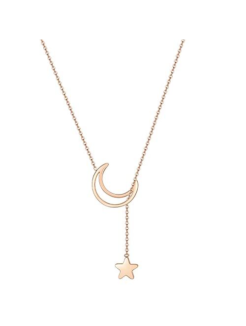 ZEGL Moon Star Necklaces for Womens Girls 18K White/Rose Gold-Plated Simple Crescent Pendant Y Necklace Lariat Jewelry Gifts for Her