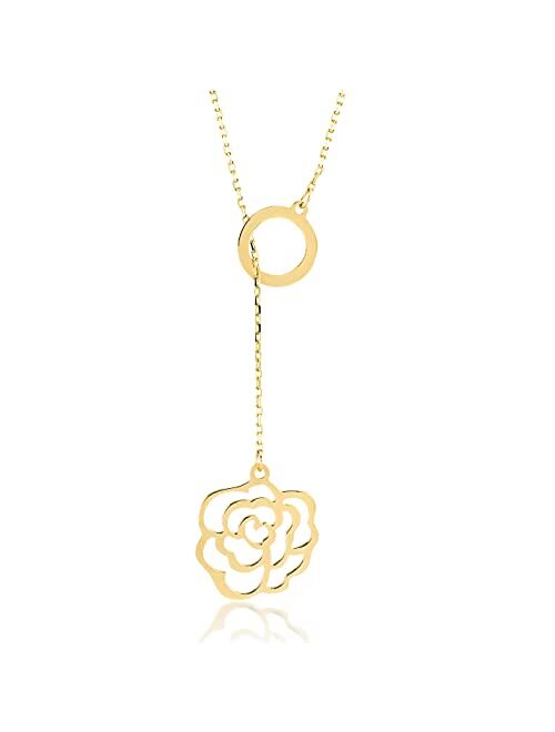 Gelin 14k Solid Gold Y-Necklace | 14k Yellow Gold Lariat Necklace for Women | Vertical Bar, Two Stars, Leaves, Rose, Hamsa Hand Pendant Necklace | Delicate Jewelry | Gift