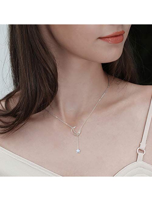 Agvana Sterling Silver Moon and Star Necklace for Women Dainty Crescent Pendant Y Lariat Necklace Anniversary Birthday Gifts for Women Girls Mom Lady Wife Daughter, 16"+2