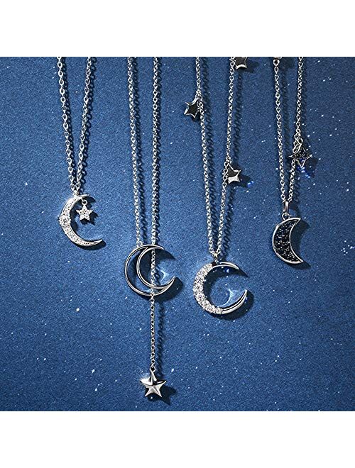 Agvana Sterling Silver Moon and Star Necklace for Women Dainty Crescent Pendant Y Lariat Necklace Anniversary Birthday Gifts for Women Girls Mom Lady Wife Daughter, 16"+2