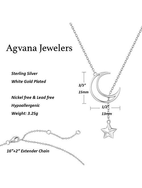 Agvana Sterling Silver Moon and Star Necklace for Women Dainty Crescent Pendant Y Lariat Necklace Anniversary Birthday Gifts for Women Girls Mom Lady Wife Daughter, 16"+2