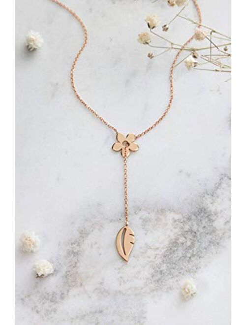 Tales In Gold Gold Flower and Leaf Lariat Style Necklace, Solid Gold Floral Necklace, 9K 14K 18K Rose Gold, Gift For Woman/code: 0.003