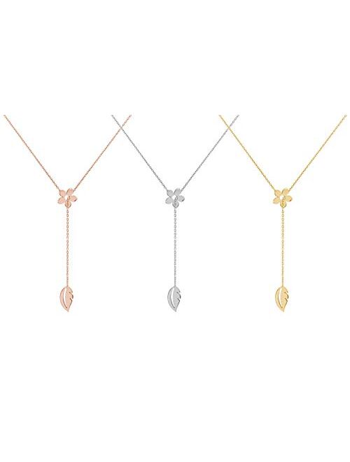 Tales In Gold Gold Flower and Leaf Lariat Style Necklace, Solid Gold Floral Necklace, 9K 14K 18K Rose Gold, Gift For Woman/code: 0.003