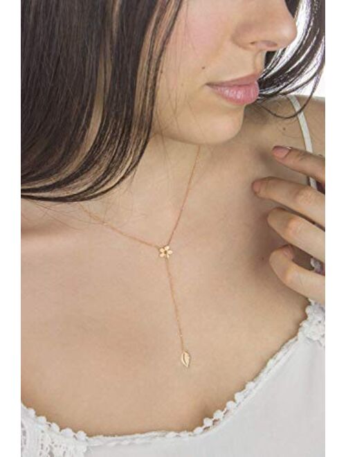 Tales In Gold Gold Flower and Leaf Lariat Style Necklace, Solid Gold Floral Necklace, 9K 14K 18K Rose Gold, Gift For Woman/code: 0.003