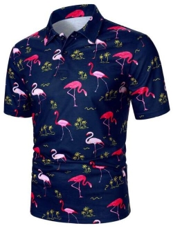 Men Flamingo Palm Tree Print Polo Shirt