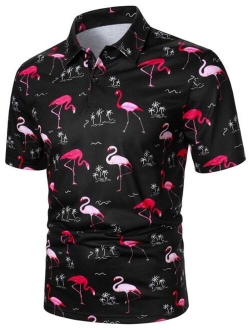 Men Flamingo Palm Tree Print Polo Shirt