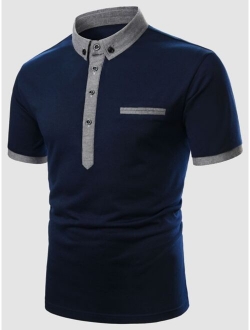 Men Button Front Contrast Collar Polo Shirt